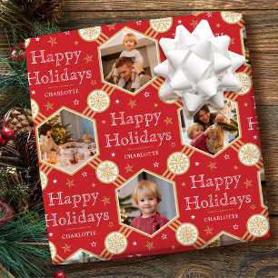 Papel De Presente Colagem de Fotos de Família de Natal Clássico Verm
