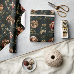 Papel De Presente Colagem de Fotos de Natal da Família Luxuosa Preto
