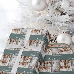 Papel De Presente Colagem de Fotos de Natal Moderno Cinza Verde