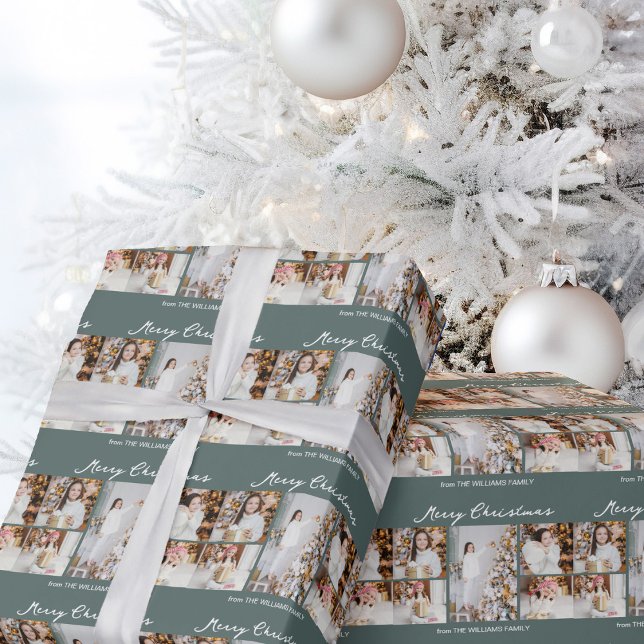 Papel De Presente Colagem de Fotos de Natal Moderno Cinza Verde (Criador carregado)