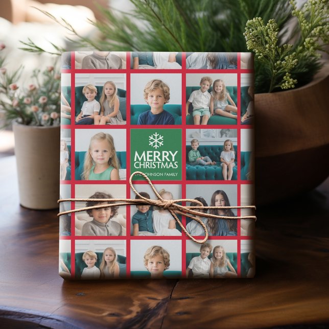 Papel De Presente Colagem de Fotos do Feliz Natal Vermelho e Verde (Personalized Photo Wrapping Paper)