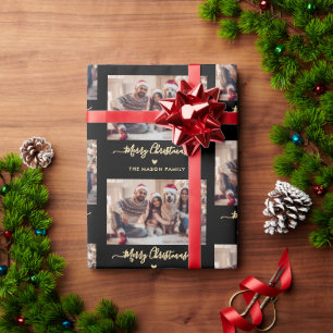 Papel De Presente Colagem de Fotos Dourada Preta de Script de Natal 