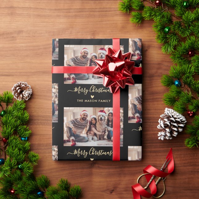 Papel De Presente Colagem de Fotos Dourada Preta de Script de Natal  (Presente de Natal)