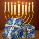 Papel De Presente Colagem de Fotos Feliz Hanukkah Personalizada Azul<br><div class="desc">Este belo e moderno papel de embrulho do Feliz Chanucá apresenta um layout clássico de 4 fotos da família em um fundo azul com bonito tipografia branca. Este belo pacote de presentes Chanukah para fotos das crianças apresenta a colagem de fotografias do seu próprio filho em torno da sua mensagem...</div>