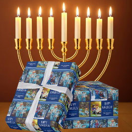 Papel De Presente Colagem de Fotos Feliz Hanukkah Personalizada Azul
