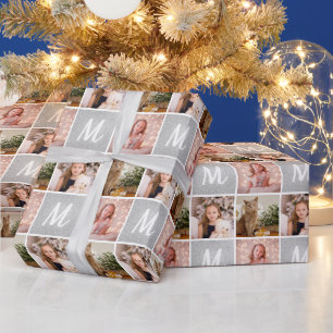 Papel De Presente Colagem de Fotos Personalizada Monograma Prata de 