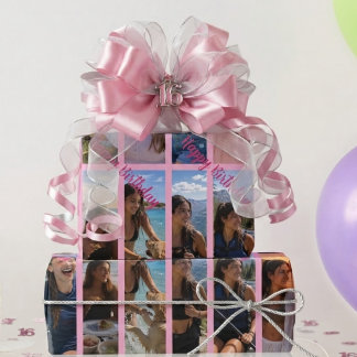 Papel De Presente Colagem de Fotos Verticais Cor-de-Rosa 16 Feliz An