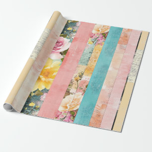 Papel De Presente Colagem de Listras Florais Vintage em Pastéis