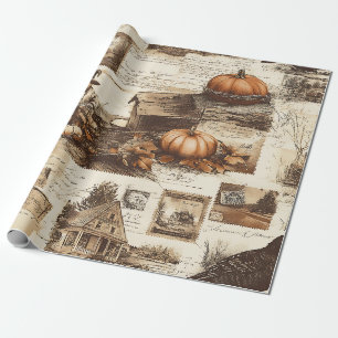 Papel De Presente Colagem de outono de Vintage Ephemera Rustic Sep