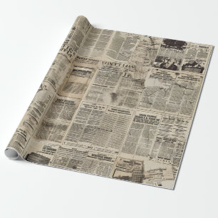 Papel De Presente Colagem de Patchwork de Jornal Vintage Rústico