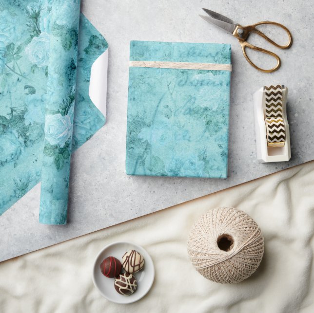 Papel De Presente Colagem de Rosas Azuis Distintas (Artesanato)