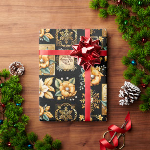 Papel De Presente Colagem Elegante de Natal Dourada em Preto