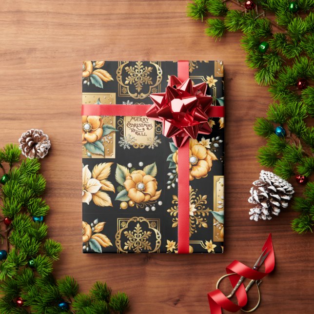 Papel De Presente Colagem Elegante de Natal Dourada em Preto (Presente de Natal)