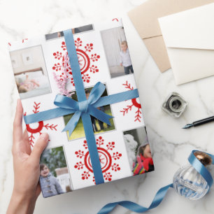 Papel De Presente Colagem fotográfica e flocos de neve vermelhos Na