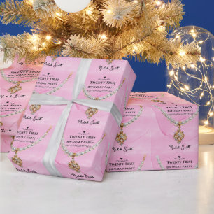 Papel De Presente Colar de Pérola Rosa Elegante Festa de Aniversário