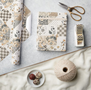 Papel De Presente Colcha Bege Pastel Gingham Cottagecore Terroso