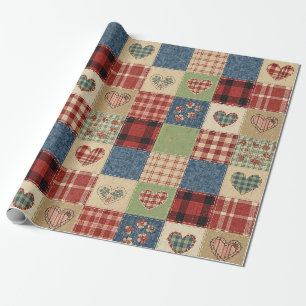 Papel De Presente Colcha de Campo Coração Remendo Vermelho Azul