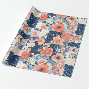 Papel De Presente Colcha de retalhos florais Americana em Azul Marin
