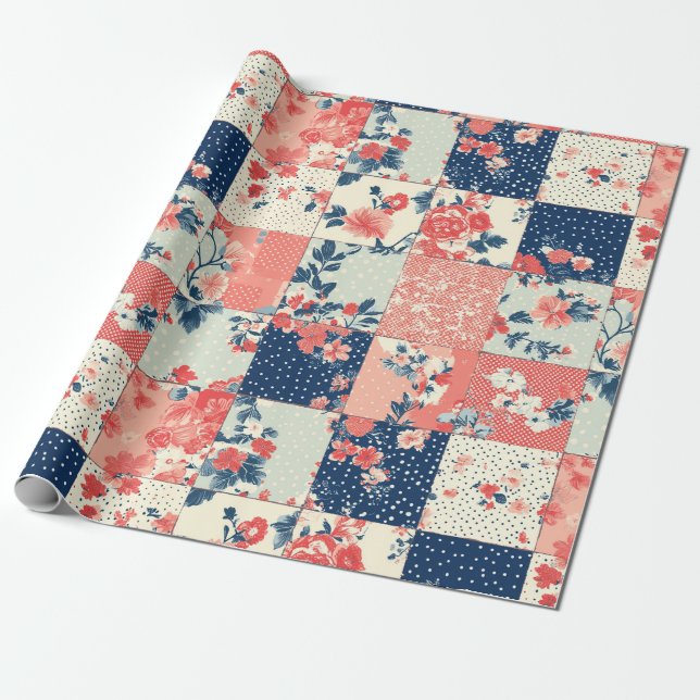 Papel De Presente Colcha Floral Cottage Pastel em Índigo e Pêssego (Desenrolado)
