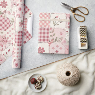 Papel De Presente Colcha Rosa Xadrez Cottagecore Floral