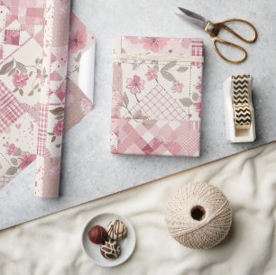 Papel De Presente Colcha Rosa Xadrez Cottagecore Floral