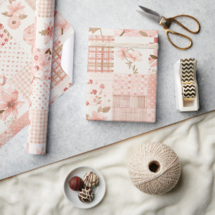 Papel De Presente Colcha Rosa Xadrez Cottagecore Floral
