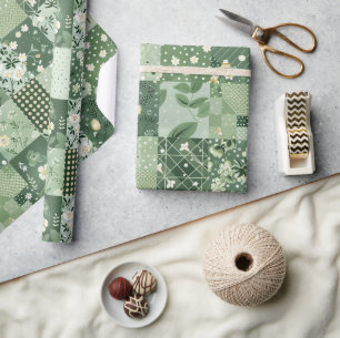 Papel De Presente Colcha Verde Patchwork Antigo Xadrez Geométrico