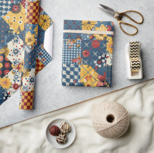 Papel De Presente Colcha Xadrez Floral Cottagecore Azul Amarelo Verm