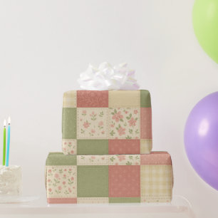 Papel De Presente Colcha Xadrez Rosa Verde Floral Casa de Campo Rúst