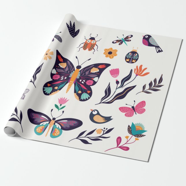 Papel De Presente Coleção à mão de elementos de primavera de verão w (Desenrolado)