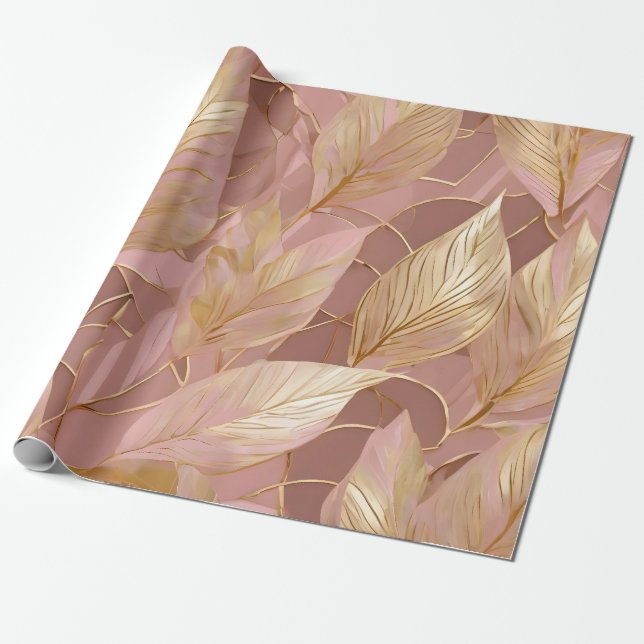 Papel De Presente Coleção Blush Dourado Boho Moderno Coleção de Folh (Desenrolado)