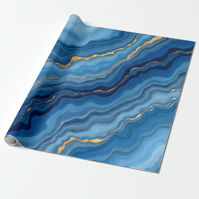 Papel De Presente Coleção de Mármore Azul-Dourado Popular Azure (Desenrolado)