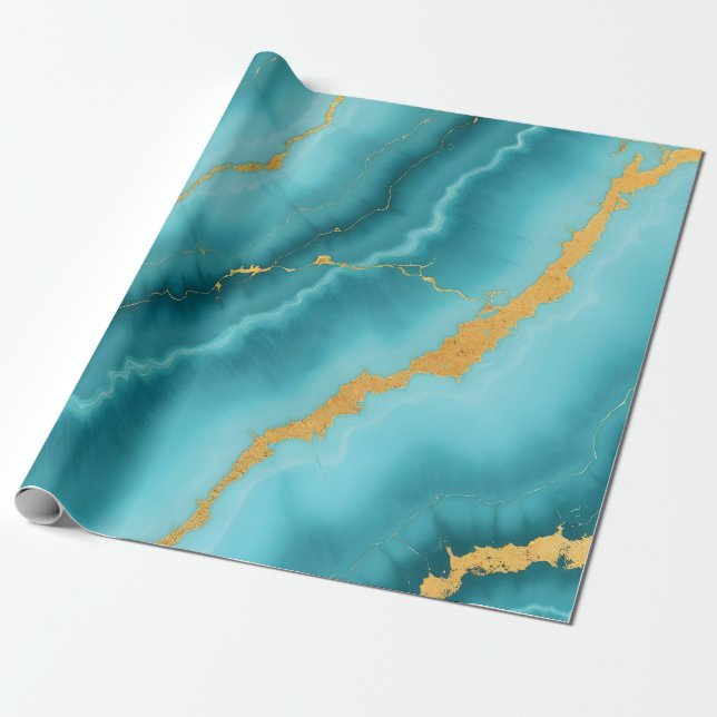 Papel De Presente Coleção de Mármore Dourada Azul Turquesa Popular (Desenrolado)
