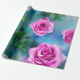 Papel De Presente Coleção de Rosas Rosa-Rosa Com Linda Aquarela Tren