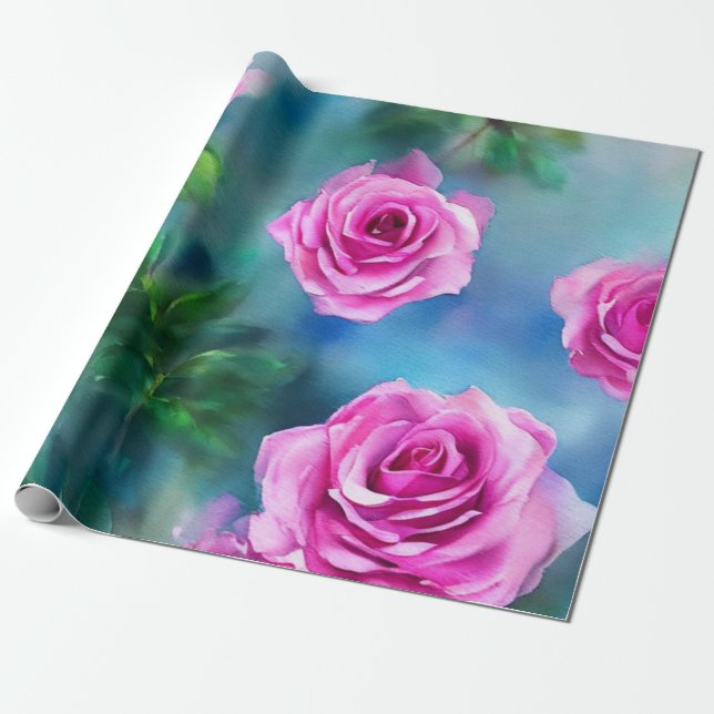 Papel De Presente Coleção de Rosas Rosa-Rosa Com Linda Aquarela Tren (Desenrolado)