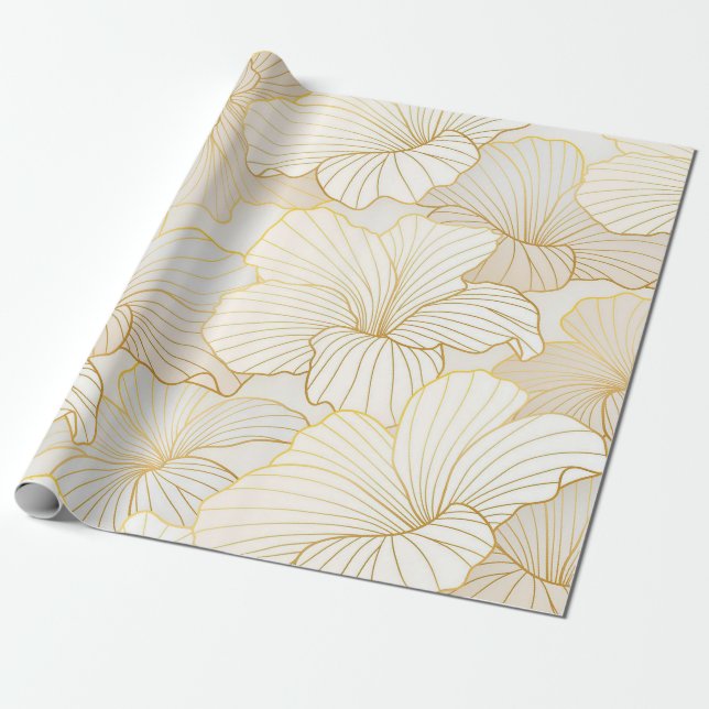 Papel De Presente Coleção Dourada de Linha Floral Branca Elegante (Desenrolado)