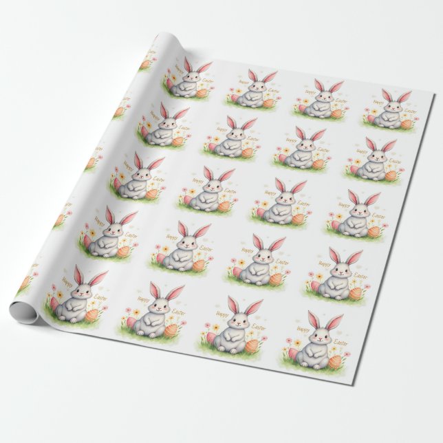 Papel De Presente Coleção Moderna de Coelho e Ovos de Páscoa Fofos (Desenrolado)