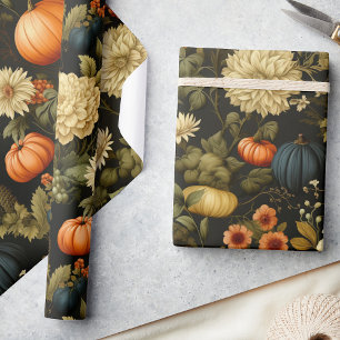 Papel De Presente Colheita Clássica Pumpkin e Florais Pretos