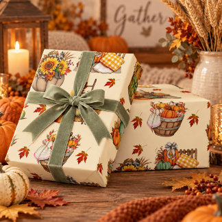 Papel De Presente Colheita de Outono em Creme Abóbora Girassol