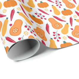 Papel De Presente Colheita de Padrão Vegetal Laranja e Vermelho