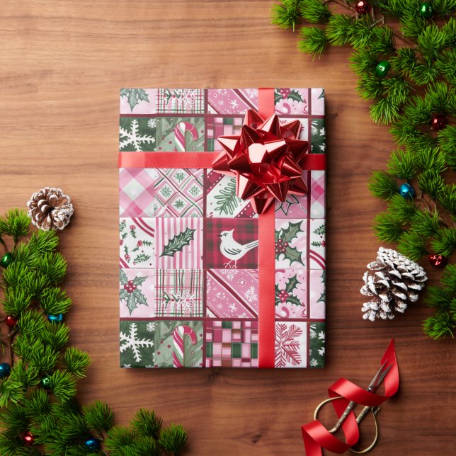 Papel De Presente Colheita Rosa Com Um Pássaro E Folhas De Holly (Presente de Natal)
