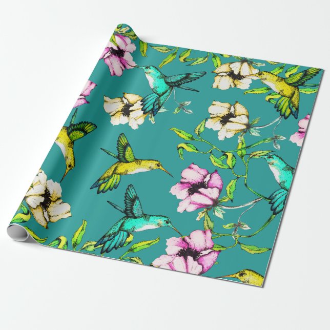 Papel De Presente Colibris & flores Enchanted da aguarela do jardim (Desenrolado)