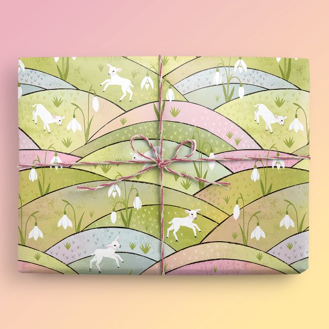 Papel De Presente Colinas primavera com Caprinos de Bebê e Páscoa de (Baby Goats Gift Mockup)
