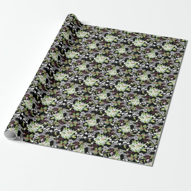 Papel De Presente Colírio e Orquídeas: Padrão Preto Desenhado (Desenrolado)