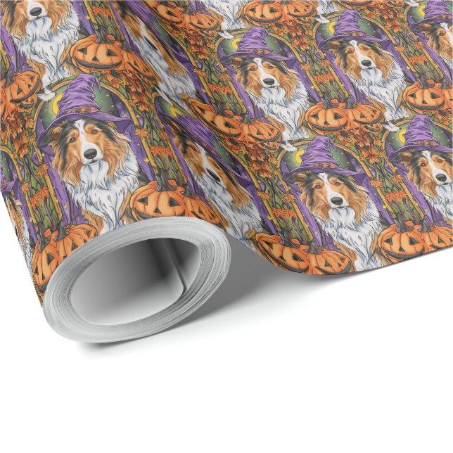 Papel De Presente Collie Dog Halloween Pumpkin (Ponta do rolo)