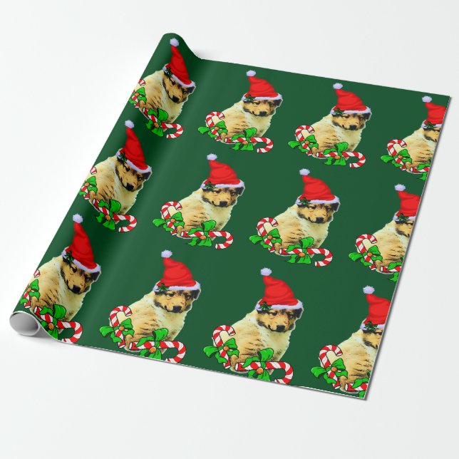 Papel De Presente Collie Puppy Santa Hat Natal (Desenrolado)