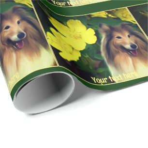 Papel De Presente Collie Sable E Flores Amarelas Personalizadas