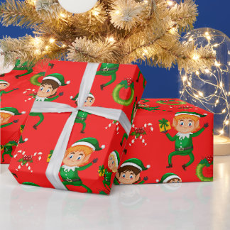 Papel De Presente Colorful Christmas Elf and Candy Cane Red
