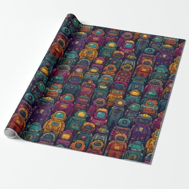 Papel De Presente Colorful Robot Lineup Retro Wrapping Paper (Desenrolado)