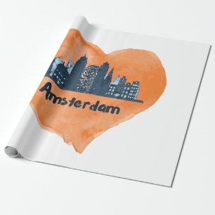 Papel De Presente Colorida Amsterdam City Skyline Watercolor Heart P